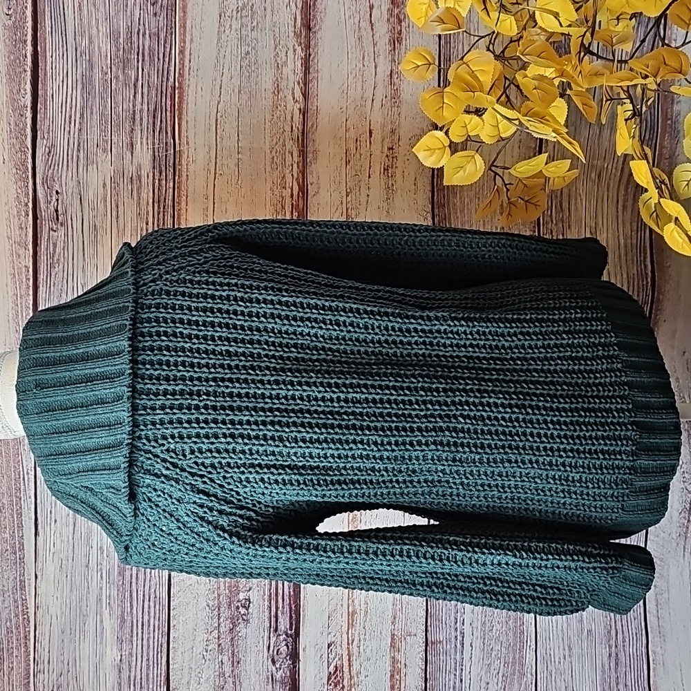 GRACE PINE GREEN LOOSE KNIT CHUNKY COWELNECK PULLOVER SWEATER - Picture 5 of 12
